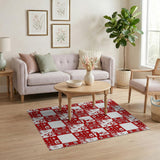 Festive Reindeer Snowflakes Red Patchwork Rug