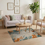 Cream Area Rug with Orange Peonies Teal Leaves Kingfishers