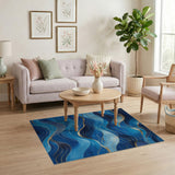 Abstract Blue Waves with Gold Accents Area Rug