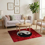 Red Yin-Yang Area Rug with Textured Swirls