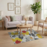 Yellow Red Grey Floral Cross-Stitch Area Rug