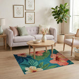 Blue Teal Hibiscus Floral Washable Area Rug