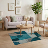 Teal Blue Curved Geometric Area Rug