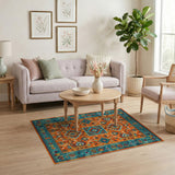 Vibrant Orange Teal Geometric Southwestern Rug
