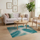 Teal Palm Frond Coastal Beach Area Rug