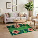 Vibrant Green Hibiscus and Monstera Leaf Area Rug