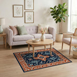 Elegant Navy Persian Rug with Red Baroque Border