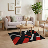 Bold Red White Geometric Area Rug on Black