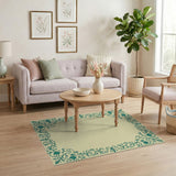 Teal Floral Ornate Border Area Rug
