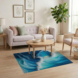 Washable Abstract Ocean Wave Low Pile Area Rug - Blue & Teal