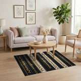 Gold Stitched Black Ivory Border Area Rug