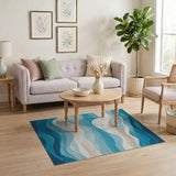 Washable Abstract Coastal Blue Wave Area Rug - Low Pile, Non-Slip, Pet Friendly
