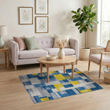 Modern Geometric Navy Blue Yellow Patchwork Rug