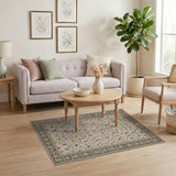 Beige and Neutral Cream Persian Floral Area Rug with Navy Border