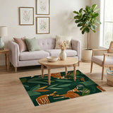 Green Spotted Deer and Geometric Leaf Rug