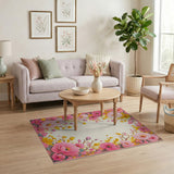 Pink Peony Yellow Mimosa Floral Border Rug