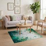 ODIKA Botanical Green Watercolor Leaf Washable Rug - Low Pile Non-Slip Area Rug