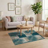 Teal Palm Leaf Coastal Block Rug