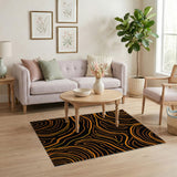 Orange Wavy Lines on Black Abstract Area Rug