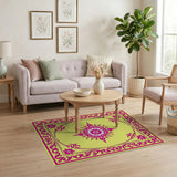 Pink Floral Starburst on Sunny Yellow Rug
