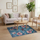 Teal Floral Area Rug with Pink Poppies Butterflies