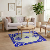Ornate Blue Floral Border Cream Area Rug