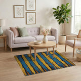 Distressed Yellow Blue Striped Area Rug