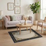 Ornate Gold Navy Baroque Border Area Rug
