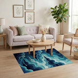 Layered Blue Teal Wave Abstract Area Rug