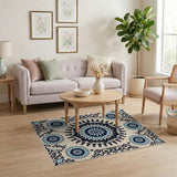 Blue Floral Mandala Area Rug with Ornate Borders