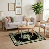 Elegant Black Persian Rug with Green Floral Medallion