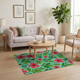 Vibrant Pink Hibiscus Floral Area Rug on Teal