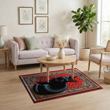 Black Cat on Red Dotted Persian Rug