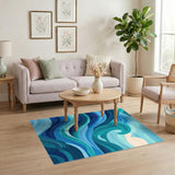 Curling Wave Blue Teal Washable Area Rug