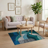 Teal Blue Abstract Wave Geometric Rug