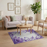 ODIKA Elegant Purple Floral Washable Area Rug - Low Pile Non-Slip Carpet
