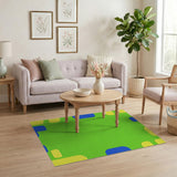 Playful Green Kids Rug with Yellow Ovals Blue Rectangles