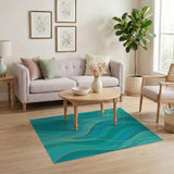 Teal Waves with Gold Foil Abstract Area Rug
