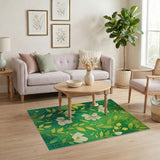 Lush Green White Magnolia Floral Area Rug