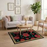 Red Poinsettia Floral Area Rug on Black