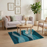 Teal Blue Cascading Waves Abstract Area Rug