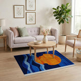 Orange Sun Over Teal Waves Geometric Rug