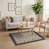 Cream Starflower Rug with Ornate Navy Border
