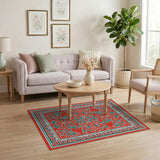 Red Persian Area Rug with Teal Intricate Motifs