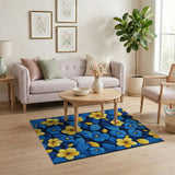 Vibrant Yellow Blooms on Navy Blue Floral Rug