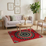 Vibrant Red Mandala Area Rug with Intricate Black White Design