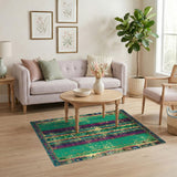 Green Striped Heritage Tribal Area Rug