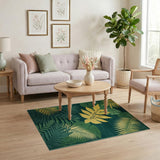 Golden Monstera Leaf Area Rug on Emerald Green