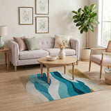ODIKA Washable Abstract Coastal Wave Area Rug - Teal, Blue & Beige Low Pile Non-Slip Pet Friendly