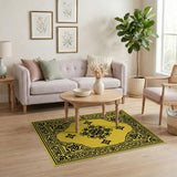 Yellow Persian Medallion Area Rug with Ornate Black Border